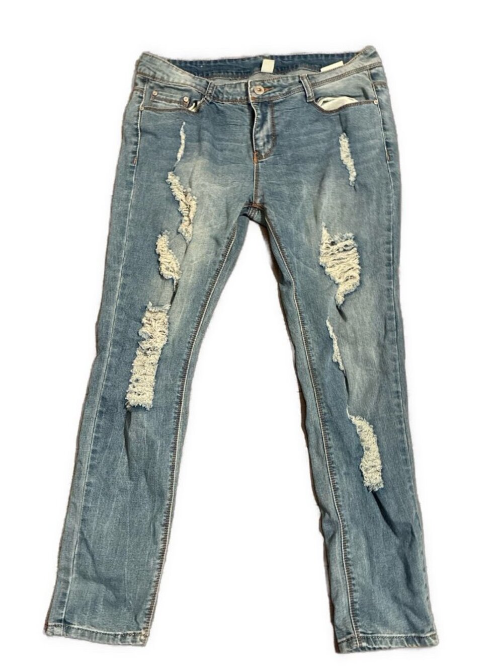 Italy Women’s IT 46 US 14 XL Blue Mid Rise Skinny Jeans Distressed Ripped Denim